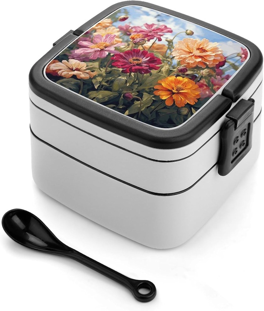 Colorful Spring Summer Flower Bento Box Adult Stackable 2 Layers Containers Reusable Leakproof Lunch Containers for Adults Travel 33oz Lunchbox with Spoon Portable Bento Boxes, Microwave Dishwasher Sa