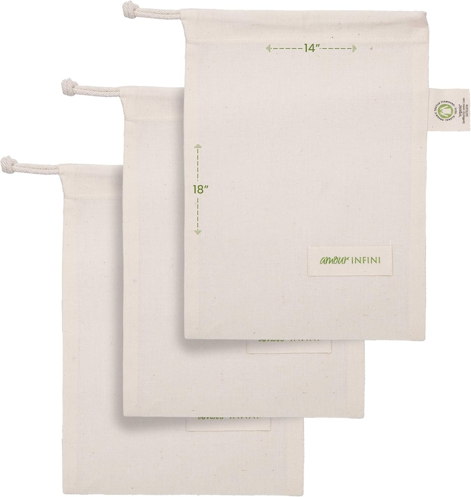 AMOUR INFINI Grocery Bags - Reusable Organic Cotton Food Safe Washable Produce Bags with Drawstrings - Set of 3 (Extra Large) Muslin Bags for Shopping, Vegetables & Fruits Shopping Bag