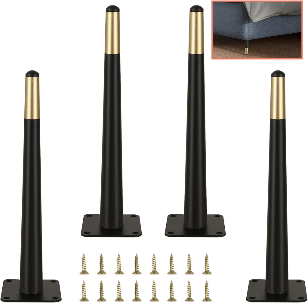 4 Pcs 12 Inch Furniture Legs, Straight Conical Metal Table Legs, Black Gold Mid-Century Style Furniture Replacement Legs for Sofa Cabinet Table Chair Cupboard Ottoman Home DIY Projects