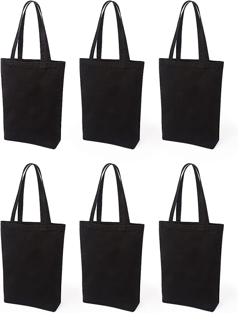 Lily queen Natural Canvas Tote Bags DIY Reusable Shopping Grocery Bag (Black - 6 Pack)