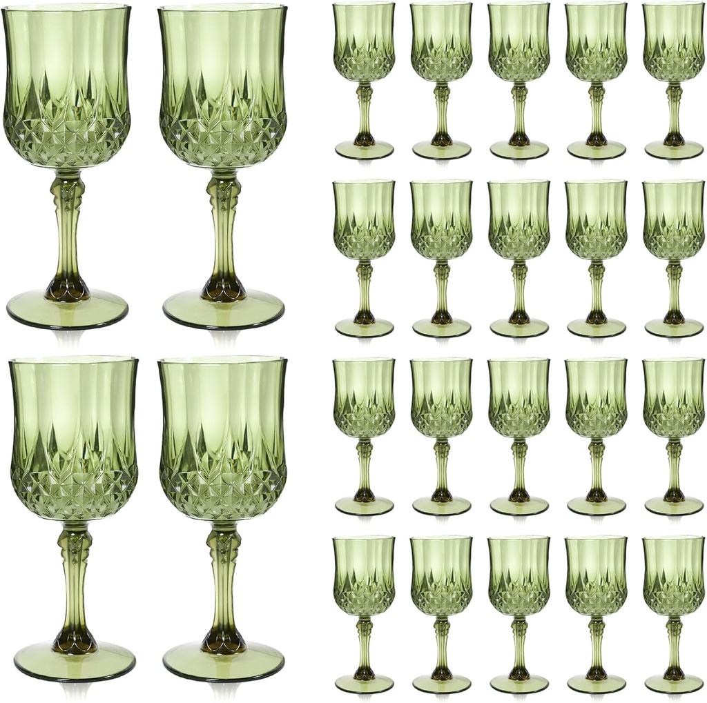24 Pcs 7oz Plastic Wine Glasses Cup, Crystal Unbreakable Water Goblet, Plastic Vintage Green Goblets Glassware Drinking Glasses for parties Baby Shower Wedding Reception Grand Event Party (Dark Green)
