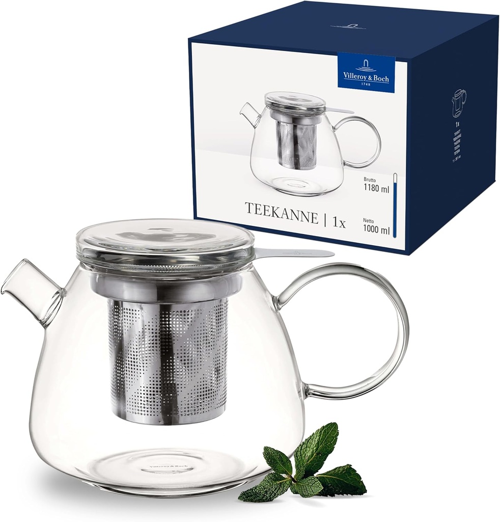 Villeroy & Boch Artesano Hot & Cold Beverages Teapot with Filter, Double-walled Coffee Pot for Hot and Cold Beverages, 39.75 oz capacity, Borosilicate Glass, Dishwasher-safe, Microwave-safe