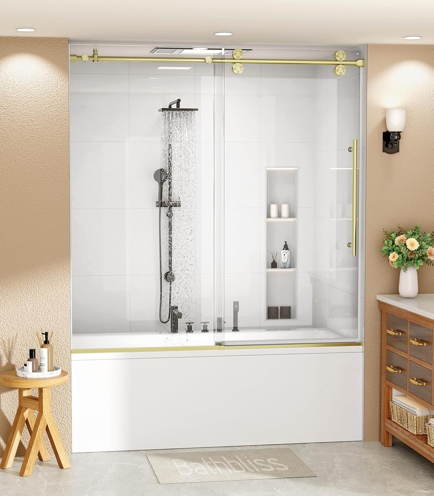 Bathbliss Tub Shower Door 56 1/8"-60"X60"H,Frameless Sliding Bathtub Glass Door with 5/16"(8mm) Tempered Glass Brushed Gold