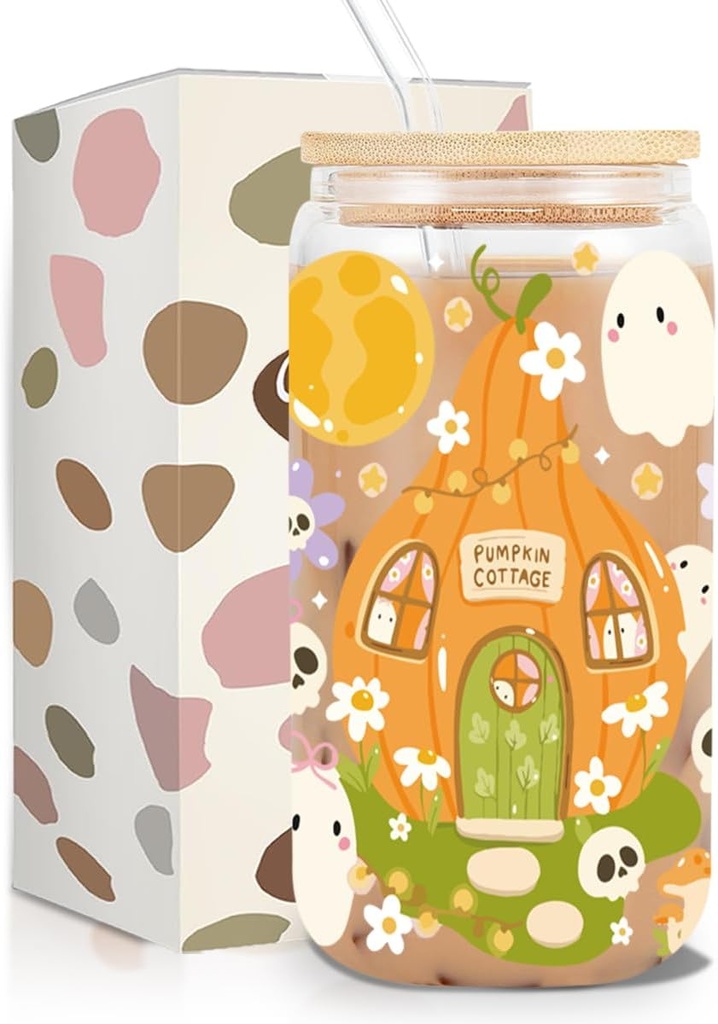Halloween Ghost Pumpkin Cottage Iced Coffee Cup, Cute Pumpkin Glass Tumbler, 16 oz Spooky Coffee Glass Cup with Lid Straw, Boo Basket Stuffers, Halloween Gifts for Women Teen Goth Girl Party Stuff
