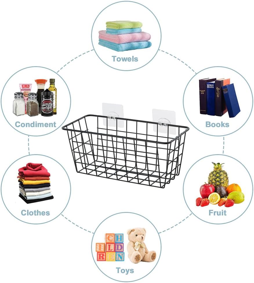 5 Pack Hanging Storage Basket, Bathroom Basket, Household Goods, with Traceless Tape, no Drilling, for Cabinet Storage, Kitchen, Bathroom, Storage Room,Black