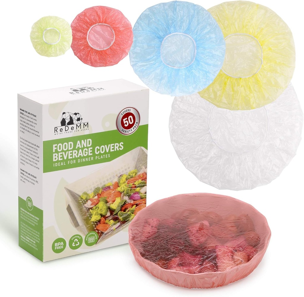 ReDeMM 50 Reusable Elastic Food Bowl Storage Covers - Variety of 5 translucent stretchable sizes and colors - Alternative to foil - plastic wrap- clingwrap - BPA Free - Microwave safe for leftovers
