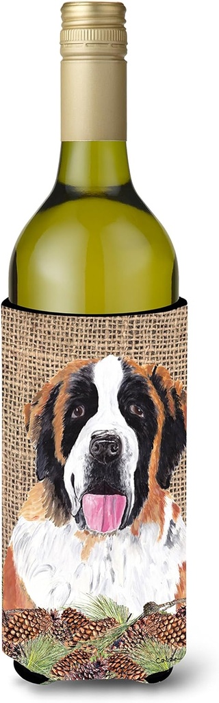 Caroline's Treasures SC9041LITERK Saint Bernard Faux Burlap and Pine Cones Wine Bottle Hugger Bottle Cooler Sleeve Hugger Machine Washable Collapsible Insulator Beverage Insulated Holder