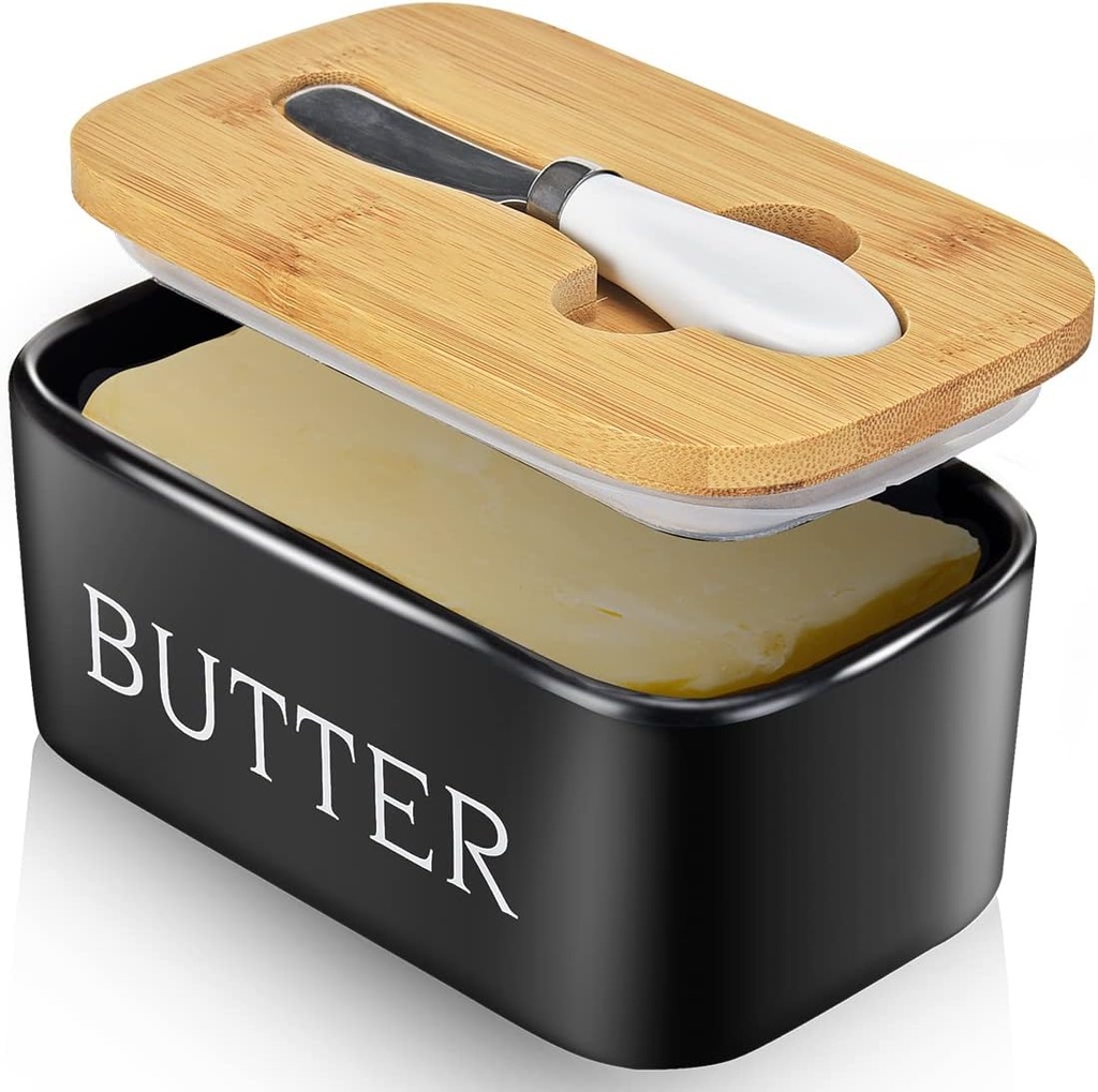 Butter Dish with Lid, Large Butter Dish for Countertop, Ceramic Butter Keeper Container with Knife and High-Quality Silicone Sealing Butter Box for Home Decor Good Kitchen Gift Black
