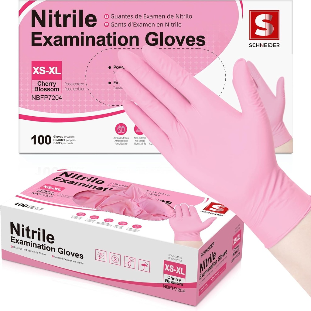 Schneider Nitrile Exam Gloves, 4 Mil Pink Disposable Gloves, Latex Free, Powder Free for Cooking, Cleaning, Examination