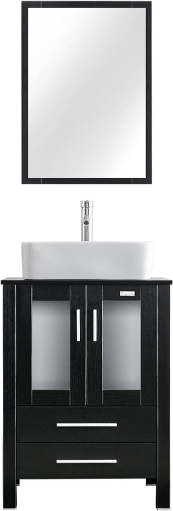 eclife 24" Modern Bathroom Vanity Sink Combo Freestanding Cabinet with Soft Closing Door, White Rectangle Ceramic Vessel Sink, Water Save Faucet, Drain (Black+T03)