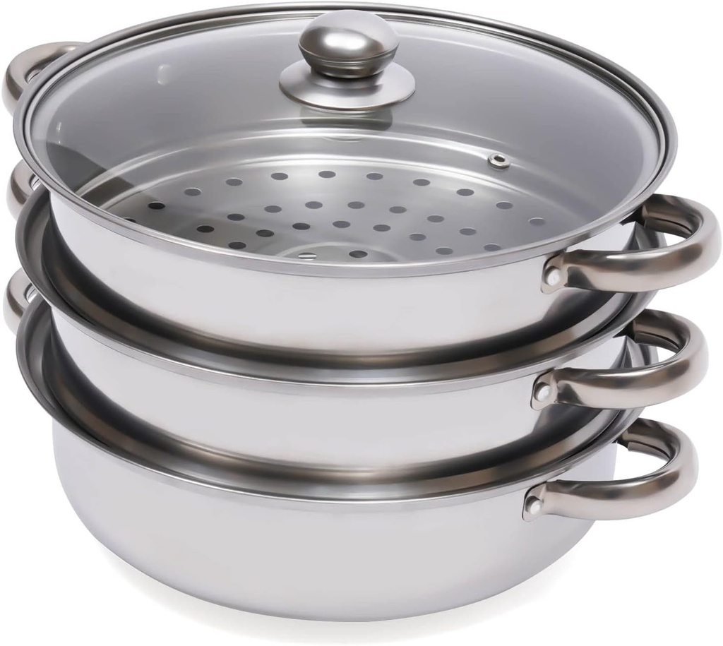 Steamer Pot Stainless Steel 3 Tier, 11in Cooking Stock Pot with Glass Lid, Multi-Functional Soup and Steaming Cookware, Steamer for Cooking with Steamers Basket for Vegetable, Dumplings, Soup, Food