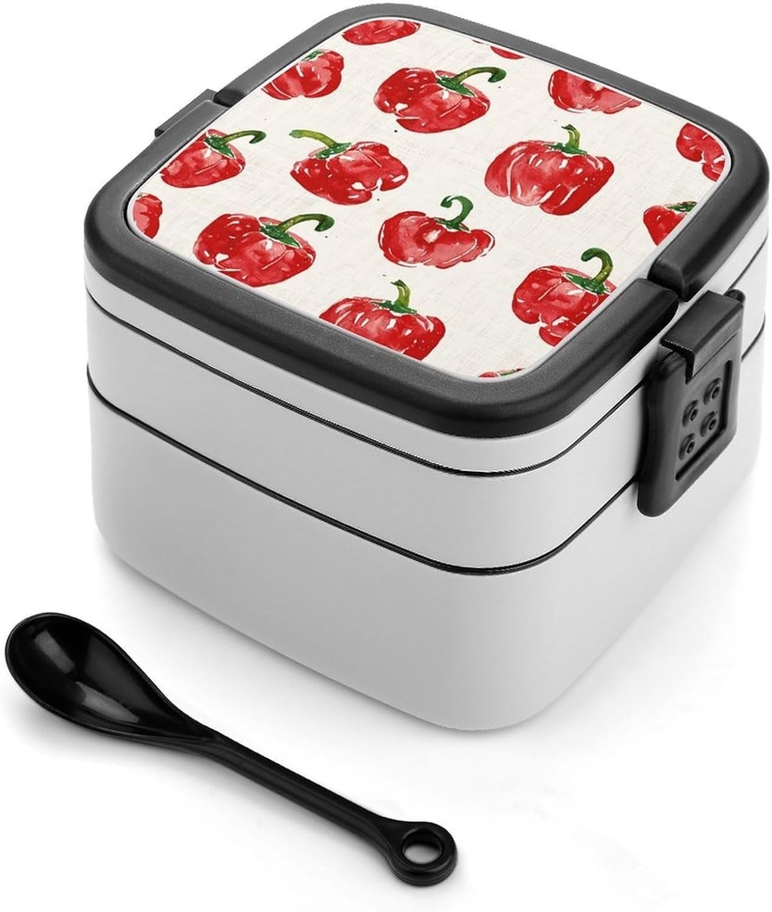 Linen Texture Pattern Bento Box - Double Layer, Leakproof Food Containers with Partition & Spoon, Stackable Lunch Box for Office, Travel, Camping