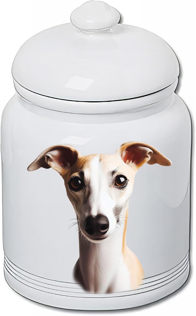 Best of Breed Whippet Fawn/White Dog and Cat Ceramic Treat Jar 9" Tall Air Tight Seal All White