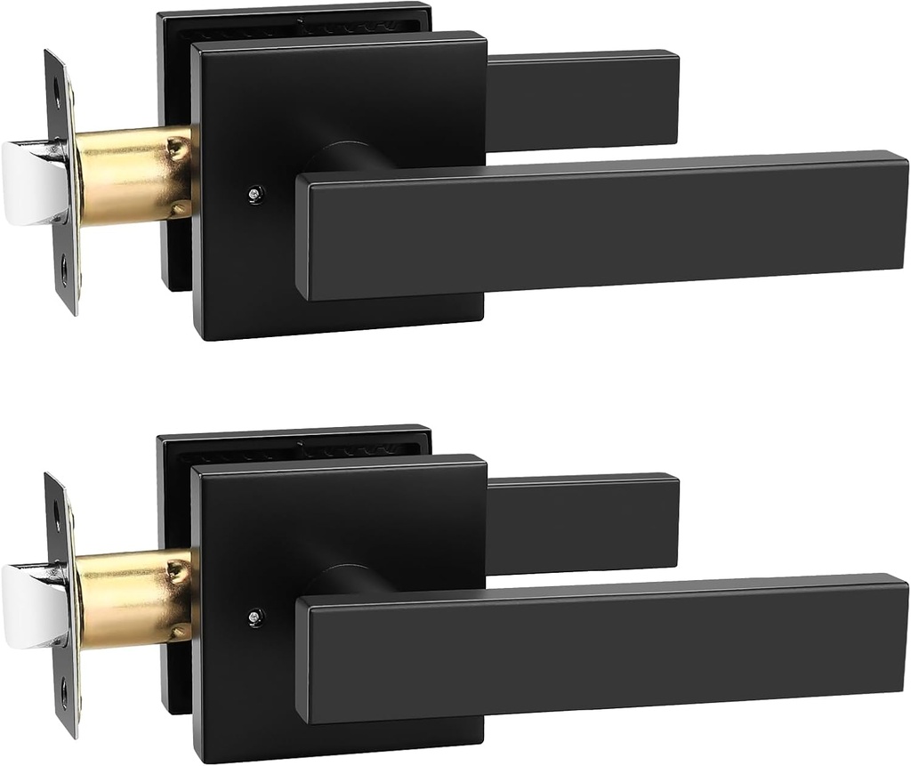 knobelite 2 Packs Square Matte Black Door Handles,Heavy Duty Door Lever with Lock,Keyless Lockset Door Knobs for Storage Bedroom Bathroom