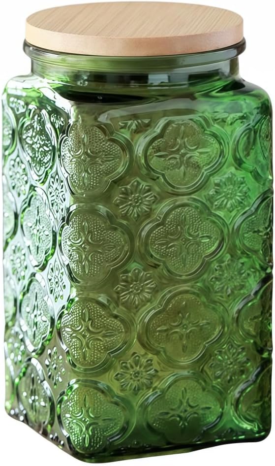 ANSQU Green Glass Canister, 34oz Square Glass Jar with Lid, Vintage Mason Jar, Candy Dish/Sugar Container for Kitchen Pantry Coffee, Tea, Cookie, Cute Jars (Green, 1 Pack)