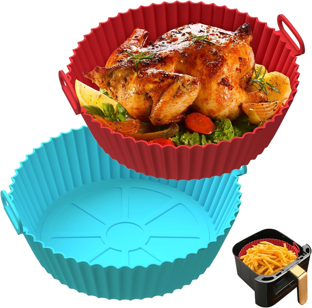 2 Pack Air Fryer Silicone Liners Pot for 3 to 5 QT, BPA-Free, Food Grade Airfryer Basket Bowl, Replacement of Flammable Parchment Paper, Reusable Baking Tray Oven Accessories(Top 8in, Bottom 6.75in)…