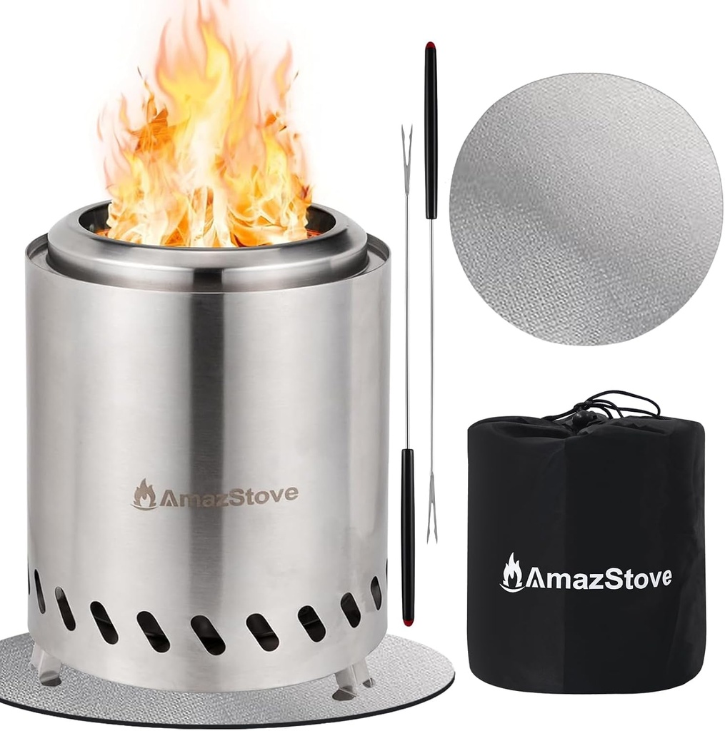 9.7 x 7.1 Inch Tabletop Fire Pit by AmazStove, Low Smoke Camping Stove for Outdoor Safe Burning Firepits, Fueled Pellets or Wood, Travel Bag Included (Silver, 9.7 x 7.1 INCH)