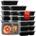 Meal Prep Containers 2 Compartment 15 Pack, 28 oz Divided Reusable Food Storage Containers with Lids Takeout Food Storage Containers Black, Microwave Dishwasher Freezer Safe, Stackable, BPA Free