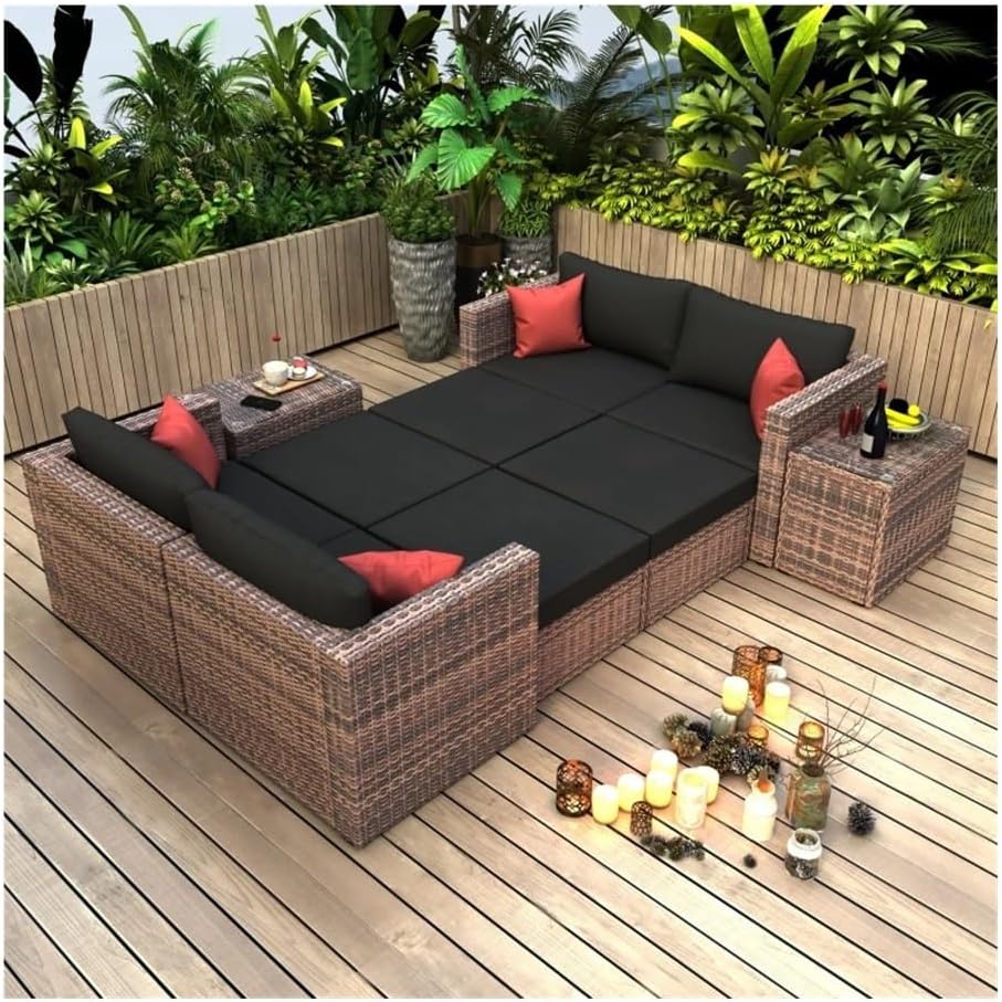 Outdoor Furniture Set, Outdoor Furniture,Patio Conversation Sets, 10 Pieces Outdoor Patio Garden Brown Wicker Sectional Conversation Sofa Set with Black Cushions and Red Pillows,with Cover
