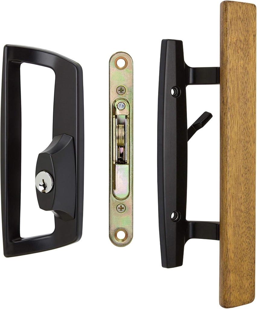 Bali NAI Sliding Glass Door Handle and Mortise Lock Set with Oak Wood Pull in Black Finish, Includes Key Cylinder, Standard 3-15/16” CTC Screw Holes, 1-3/4" Door Thickness- for Right Hand Doors