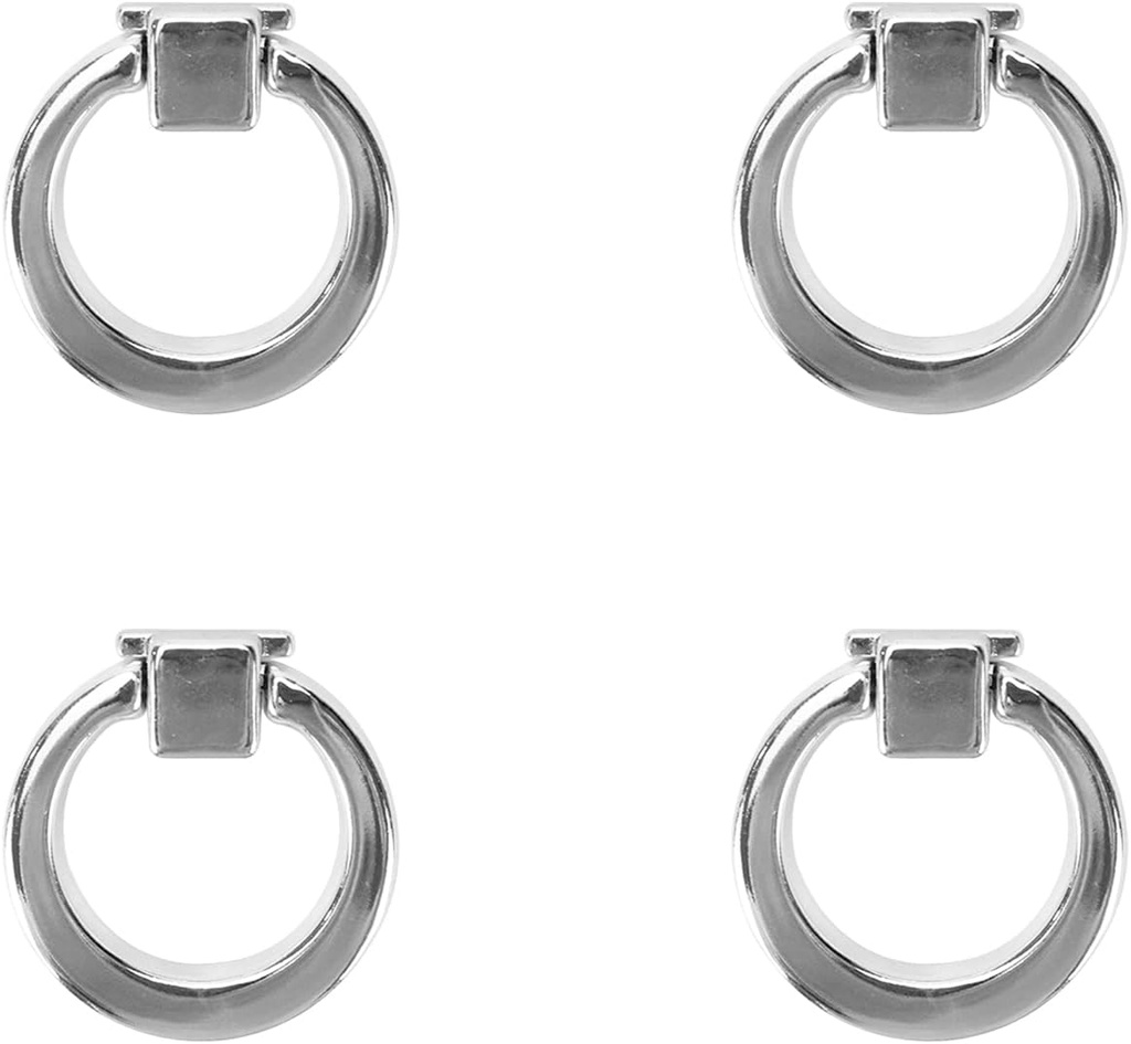 4 Pcs Square Base Drop Ring Pull Handles Zinc Alloy 40mm Diameter Round Drawer Pulls Dresser Pull Knobs (Chrome)