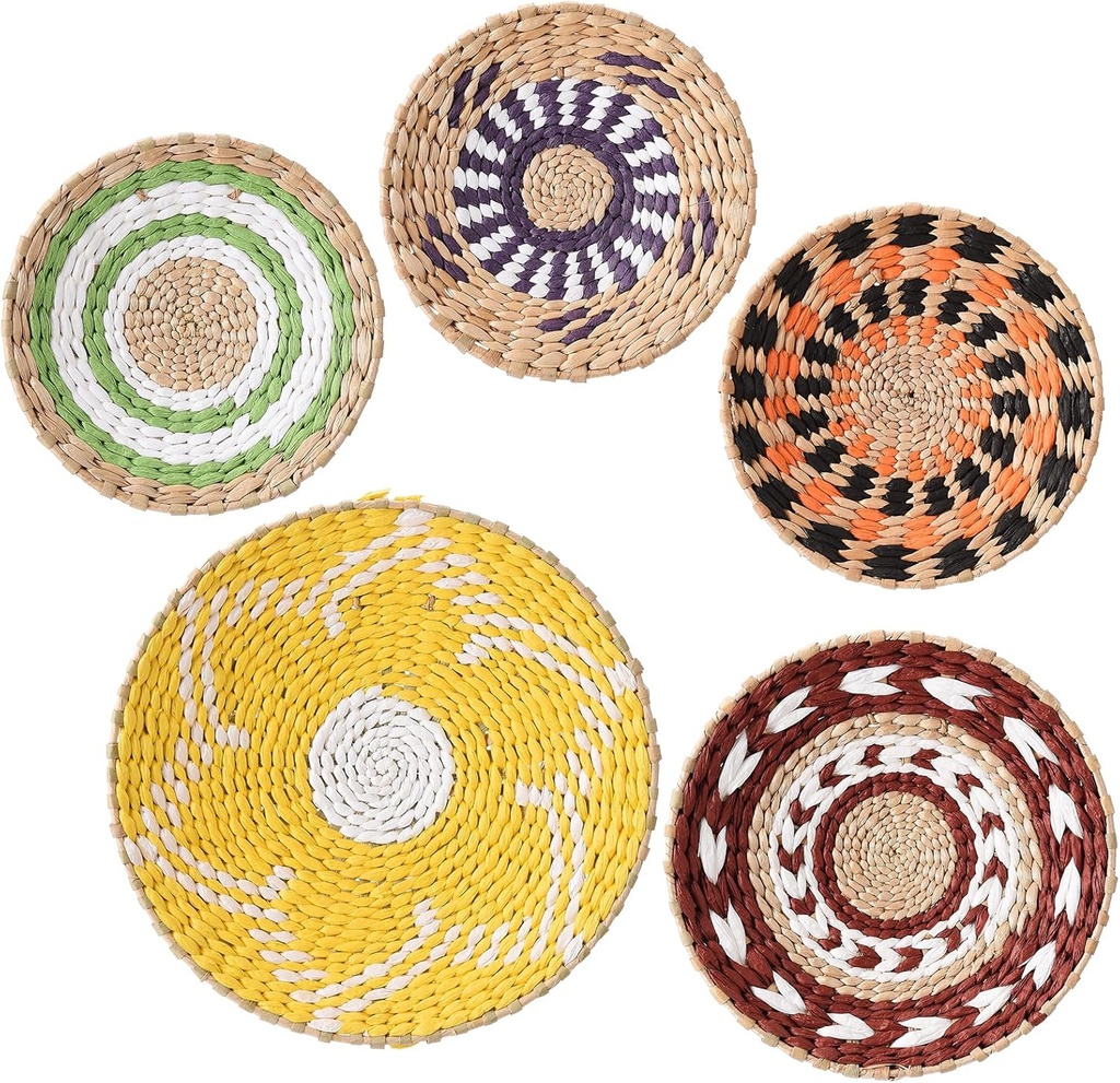 MOTUZP Boho Hanging Woven Wall Baskets,Hanging Wall Basket Decor Set of 5, Handmade Woven Basket Wall Decor,Rattan Wall Decor for Living Room or Bedroom Rustic Hanging Woven Wall