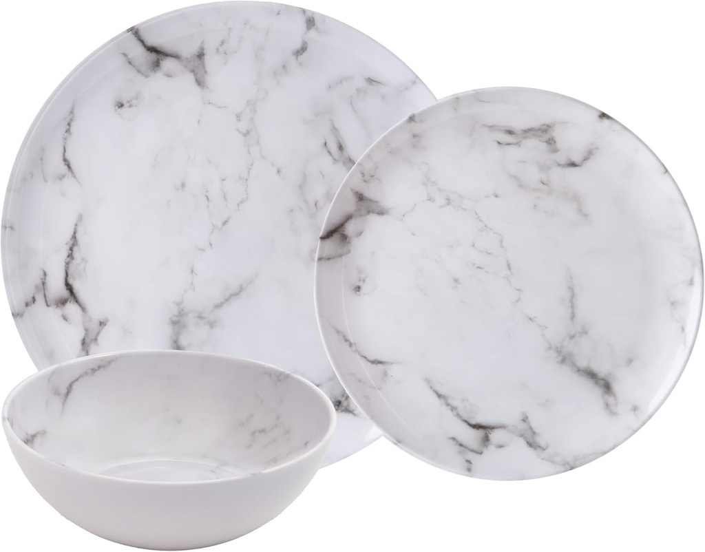 Melamine Dinnerware Sets, Service for 4. Unbreakable Dishes. Scratch Resistant Melamine Ware. Plates and Bowls. Dishwasher Safe Platos De Melamina Marble Design. Beautifully Packaged Gift Box