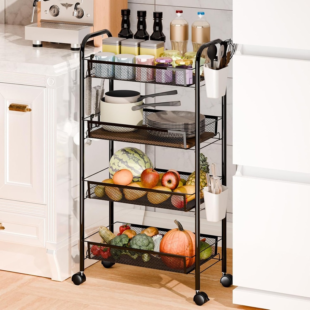 4-Tier Fruit Vegetable Storage Basket for Kitchen, 4 Tier Rolling Storage Cart with Wheels, Stackable Kitchen Fruit Bowl Wire Vegetable Basket for Onions and Potatoes