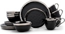 Elanze Designs 16-Piece Metallic Bubble Porcelain Ceramic Plates Bowls Mugs Dinnerware Set - Service for 4, Black With Silver Accents