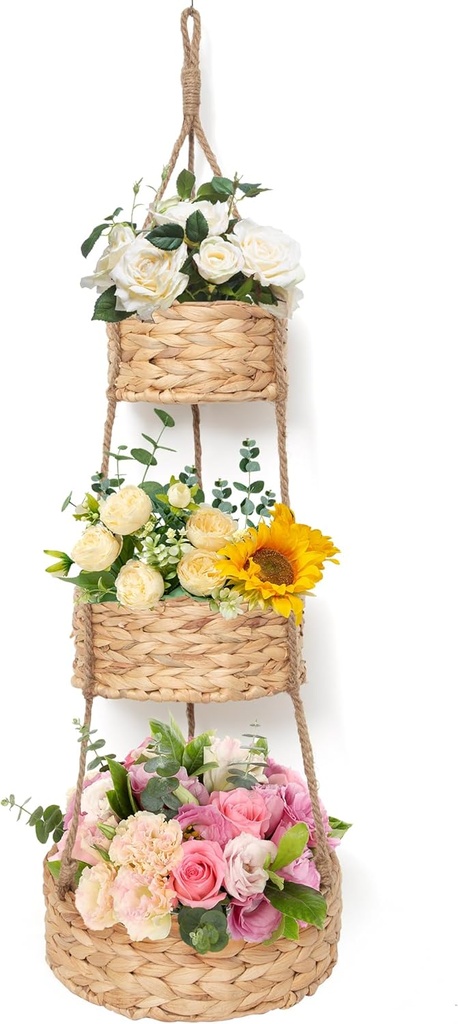 VerdantVibes Woven Wall Hanging Basket – 3-Tier Natural Water-Hyacinth Organizer for Boho Farmhouse Decor, Kitchen & Home Storage (37.4" x 11.2", Folds Flat)