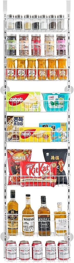 Over The Door Pantry Organizer,8-Tier Over The Door Organizer with Adjustable Basket,Hanging Pantry Organizers and Storage compatible with Kitchen, Back of Door Seasoning Rack,White
