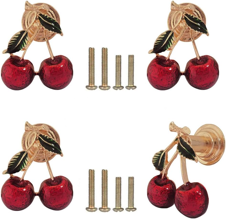Cherry knobs 4PCS, Cabinet Drawer Knob,Zinc Alloy Single Hole Cherries Shaped Pull Handle Knobs for Dresser Drawer Cabinet Closet Pull Door Decorative Knobs