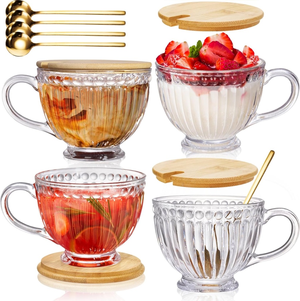 Glass Vintage Latte Mugs Set of 4, 12 Oz Ribbed Cups with Bamboo Lids and Spoons for Cappuccino, Tea, Hot and Cold Drinks, Embossed Breakfast Cup Gift for Coffee, Espresso, Juice, Milk
