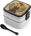 Greek Women Painting Bento Box - Double Layer, Leakproof Food Containers with Partition & Spoon, Stackable Lunch Box for Office, Travel, Camping