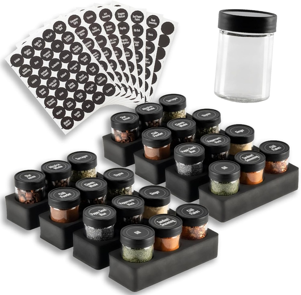 AllSpice InDrawer Spice Rack Organizer with Short Jars (24 3” Jars with Labels)