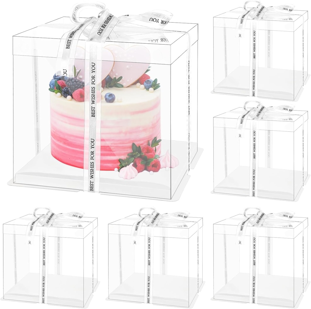 TINSKY 6 Pcs Clear Cake Boxes with Lids Plastic Transparent Gift Boxes with Ribbon 10x10x10 Inch Cake Packaging Boxes PET Cake Carrier Transport Container for Birthday Party and Wedding