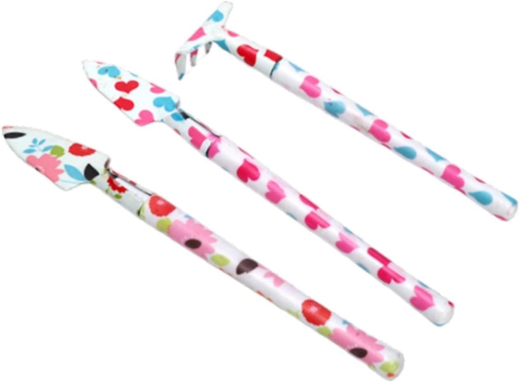 Generic 3 Pieces Mini Garden Tools Kit Hand Trowel Iron Outdoor Beautiful Print Anti Rust Gardening Hand Tools Rake for Flower Plants, Pink