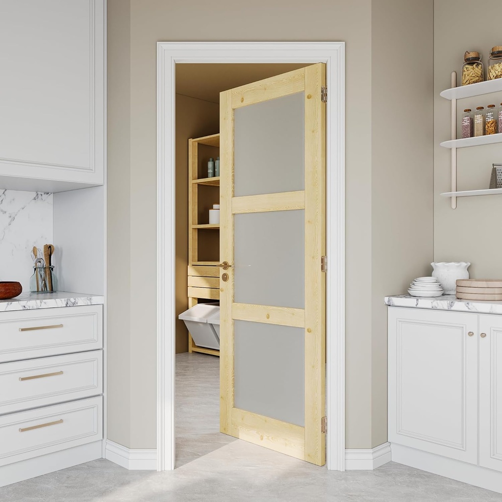 30" x 80" Pine Wood Slab Doors, 3-Panel Frosted Glass Interior French Door Slab, Soild Core & Unfinished Natural Wood Single Panel as Bedroom Pantry Laundry Closet Door, No Assembly Required