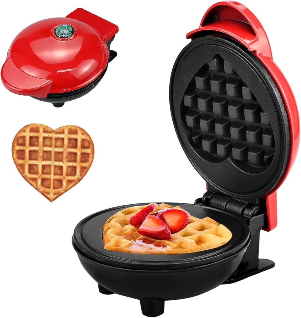 Mini Waffle Maker,4 Inch Non-Stick Griddle for Waffles,Heart Shape Design Waffle Iron,Portable Pancake Maker Machine for Youth,Easy to Clean,Perfect for Make Snacks,Sandwich,Eggs (Red)