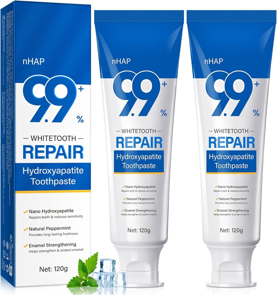9.9% Hydroxyapatite Toothpaste - 2 Pack, Protects Enamel and Strengthens Teeth, Cleans and Cares for Oral Health, Freshens Breath, Non-Irritating, Natural and Safe, 8.46 Oz