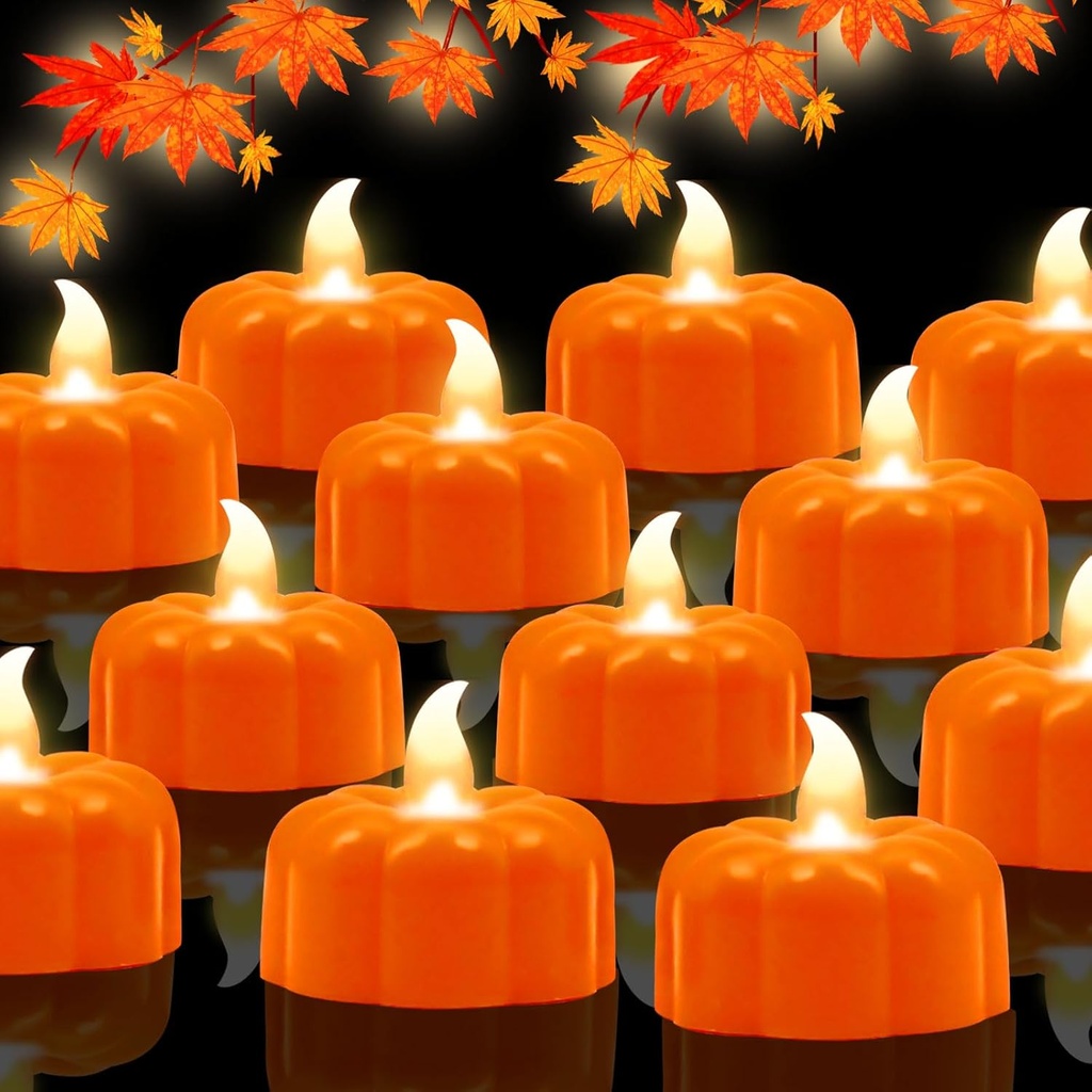 Fall Decorations for Home Pumpkin Tea Lights,12 Pack LED Orange Pumpkin Lights FlameLess Candles Battery Operated Thanksgiving Flickering Tealights Candles for Table Home Party Halloween Decor