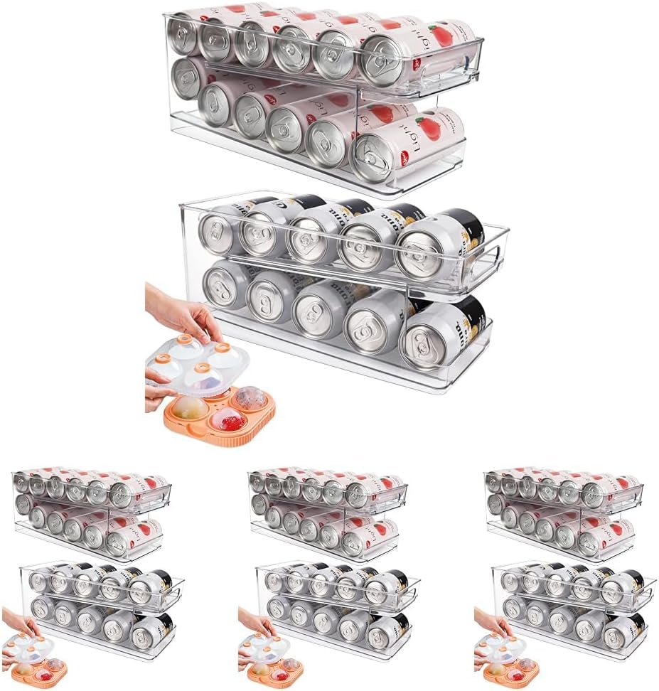 8 Pack Rolling Soda Can Dispenser for Refrigerator with 1 Pack Ice Ball Maker, Pantry Organization and Storage 2-Layer Beverage Holder for Fridge, Clear