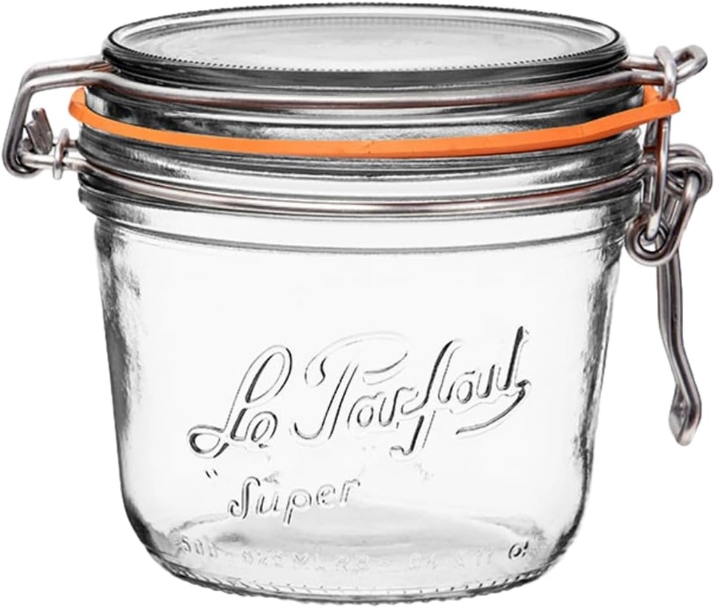 Le Parfait Super Terrine - 500ml French Glass Canning Jar w/Straight Body, Airtight Rubber Seal & Glass Lid, 16oz/Pint (Single Jar) Stainless Wire