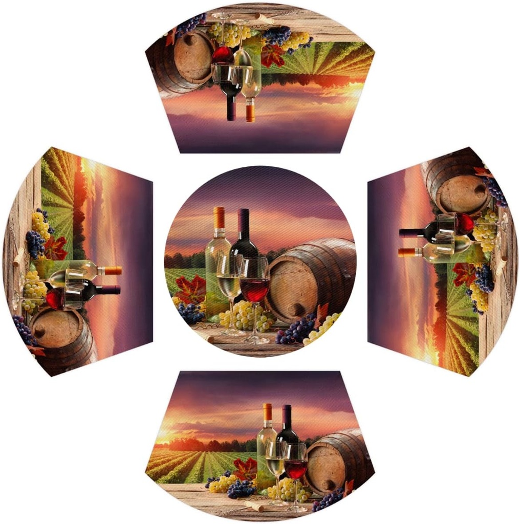 PVC Wine Placemats - Set of 4 with Round Centerpiece, Farm Red Grape Barrel Goblet Sunset Wedge Table Mats - Heat Resistant, Washable, Perfect for Kitchen, Dining, Christmas Party