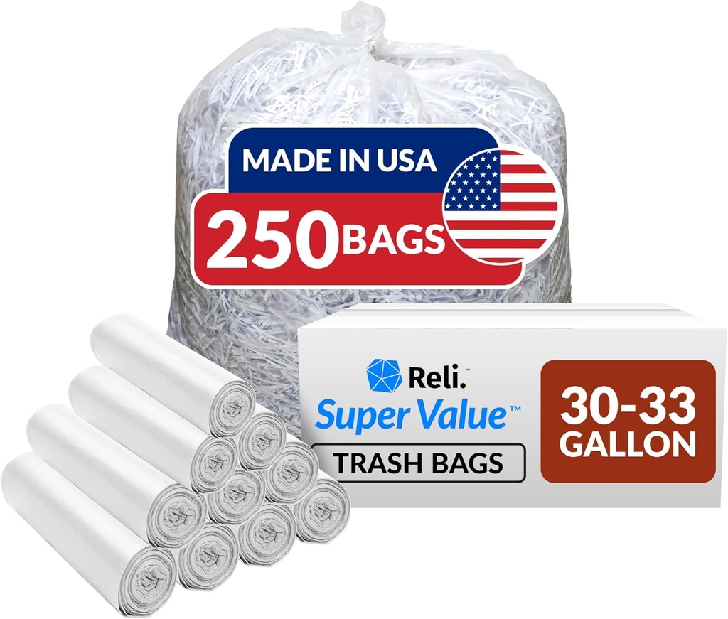 Reli. 30-33 Gallon Trash Bags Heavy Duty | 250 Count Bulk | Clear Large Trash Bags 30+, 32 Gallon | Made in USA