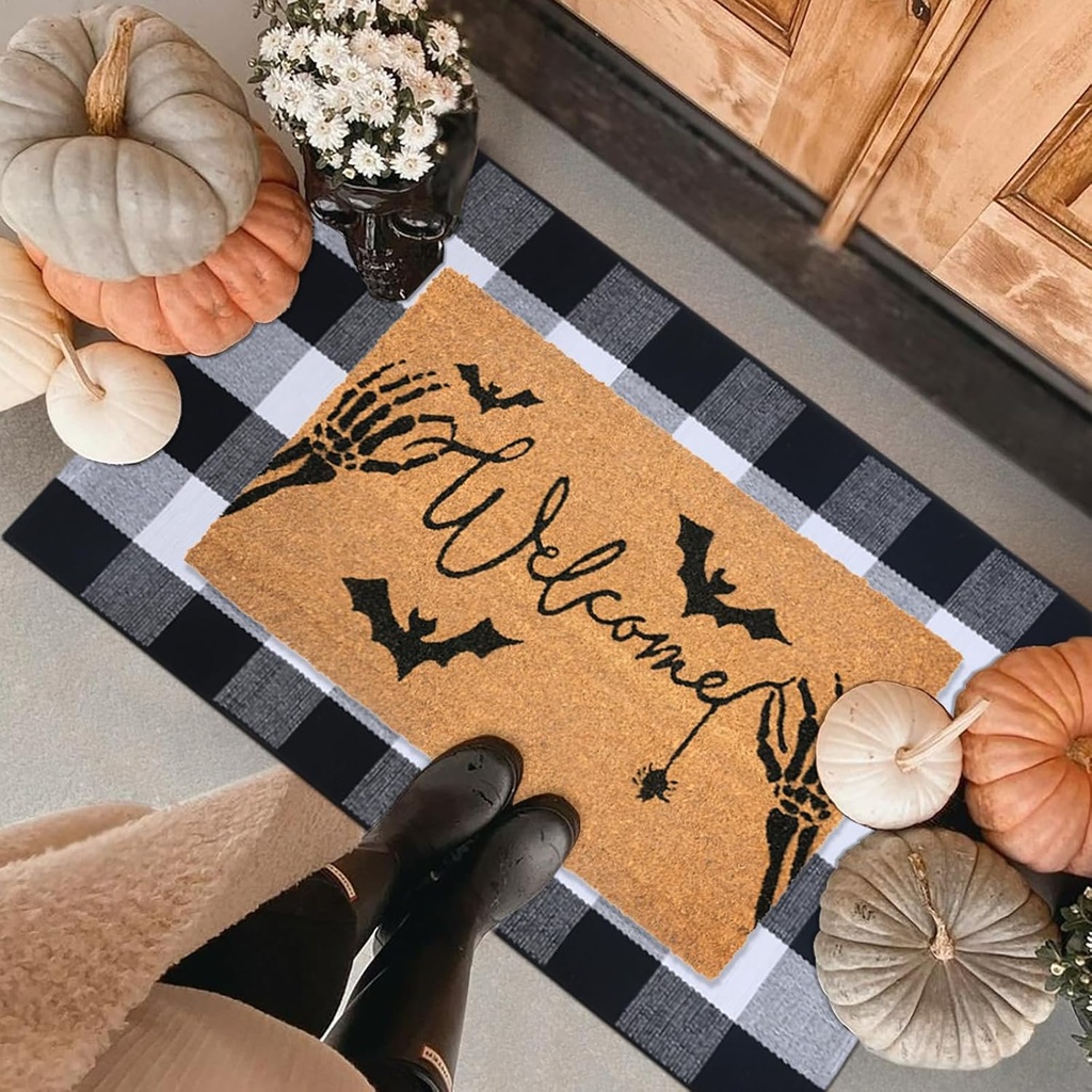 Halloween Welcome Door Mat Combo Set, Skeletal Hand Coco Coir Doormat -28" x 43" Black and White Plaid Rug, Autumn Front Porch Entryway Decor Floor Mat