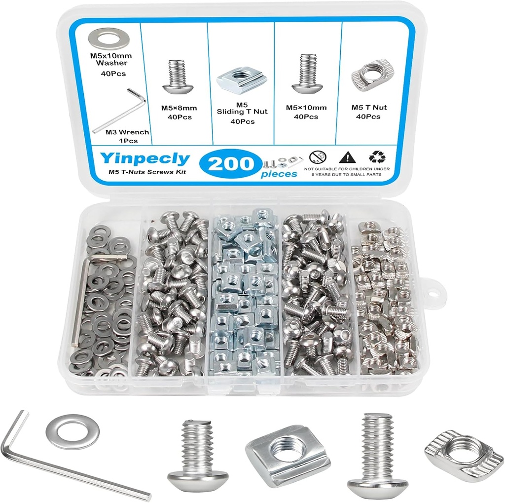 Yinpecly 200Pcs M5 T-Nuts Screws Kit, Hammer Head T Slot Nut for 2020 Series Aluminum Extrusion, M5 Hexagon Socket Screws, T Sliding Nut, Washers, Silver