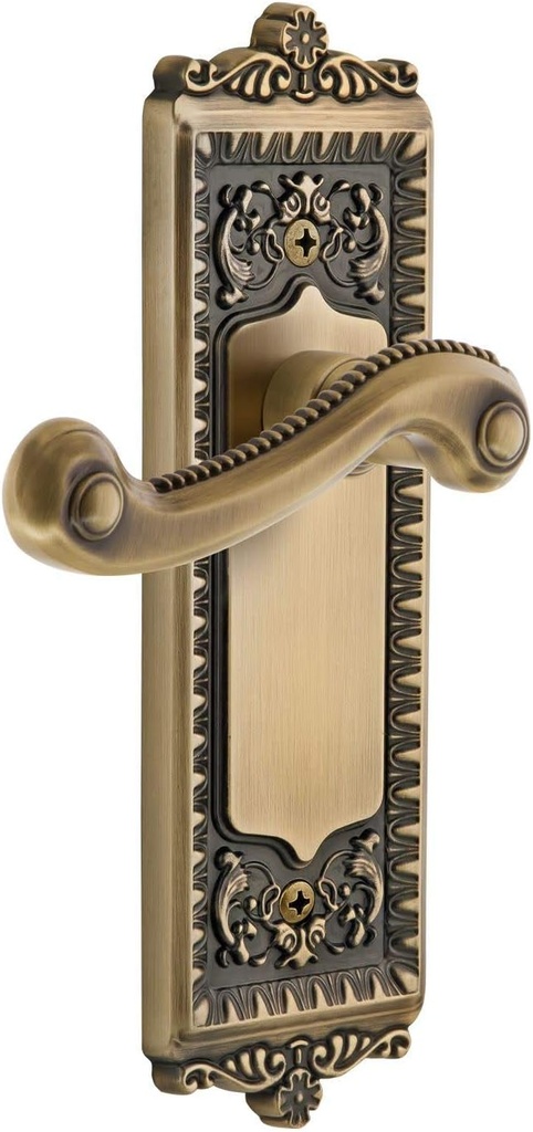 Grandeur Winnew_PSG_234 Windsor Solid Brass Rose Right Handed Passage Door Lever Set with Newport Lever and 2-3/4" Backset - Vintage Brass