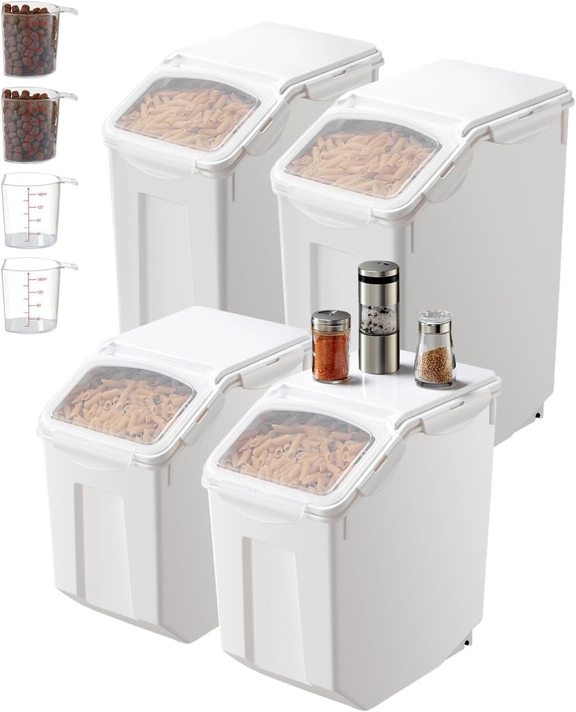 Happybuy Rice Storage Container, 3.5Gal/15Lx2 + 4.5Gal/20Lx2 Large Dog Food Dispenser Bin. Kitchen Ingredient Grain Cereal Bin. Pet Food Containers with Wheels, 4 Measuring Cups, Airtight Lid. 4 Pack.
