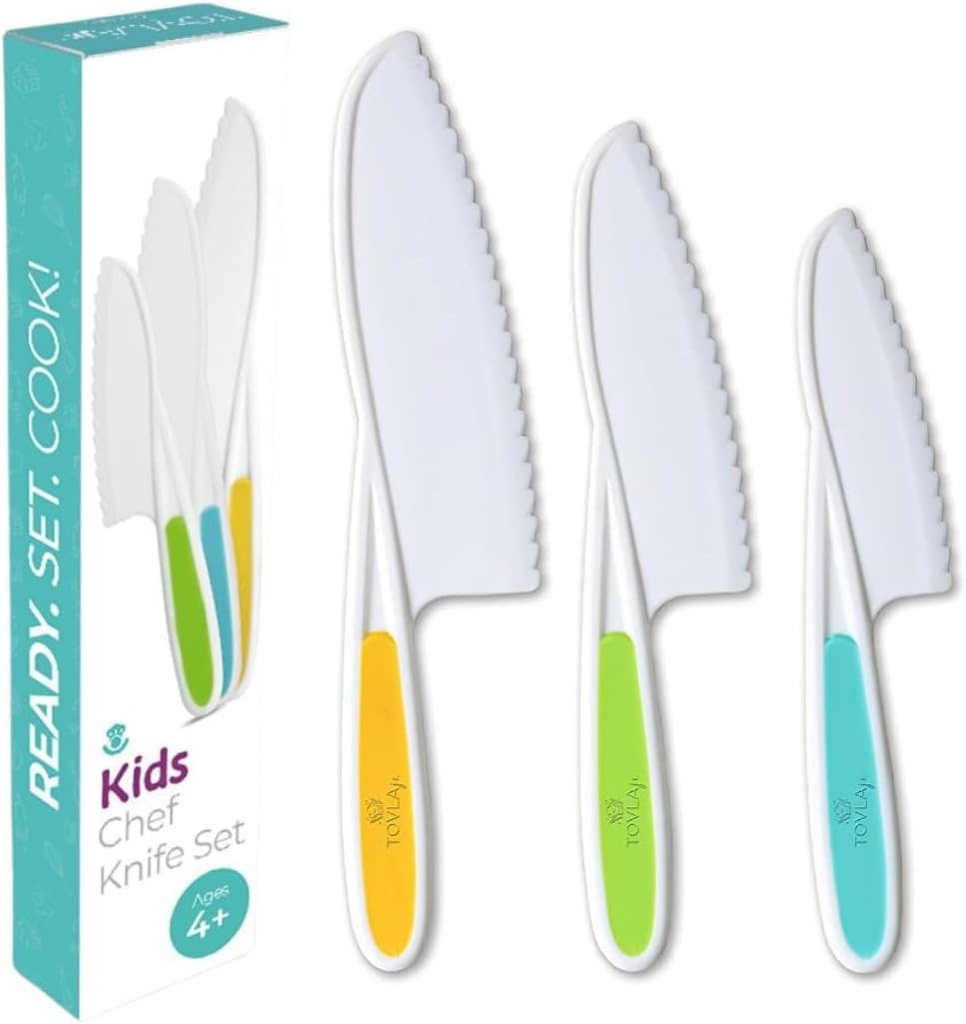Tovla Jr. Kid Safe Knife Set for Real Cooking | 3-Piece Toddler Kitchen Knives | Montessori & STEM Cooking Tools Ages 4–12 | BPA-Free, Dishwasher-Safe | Christmas, Birthday & Stocking Stuffer Gift